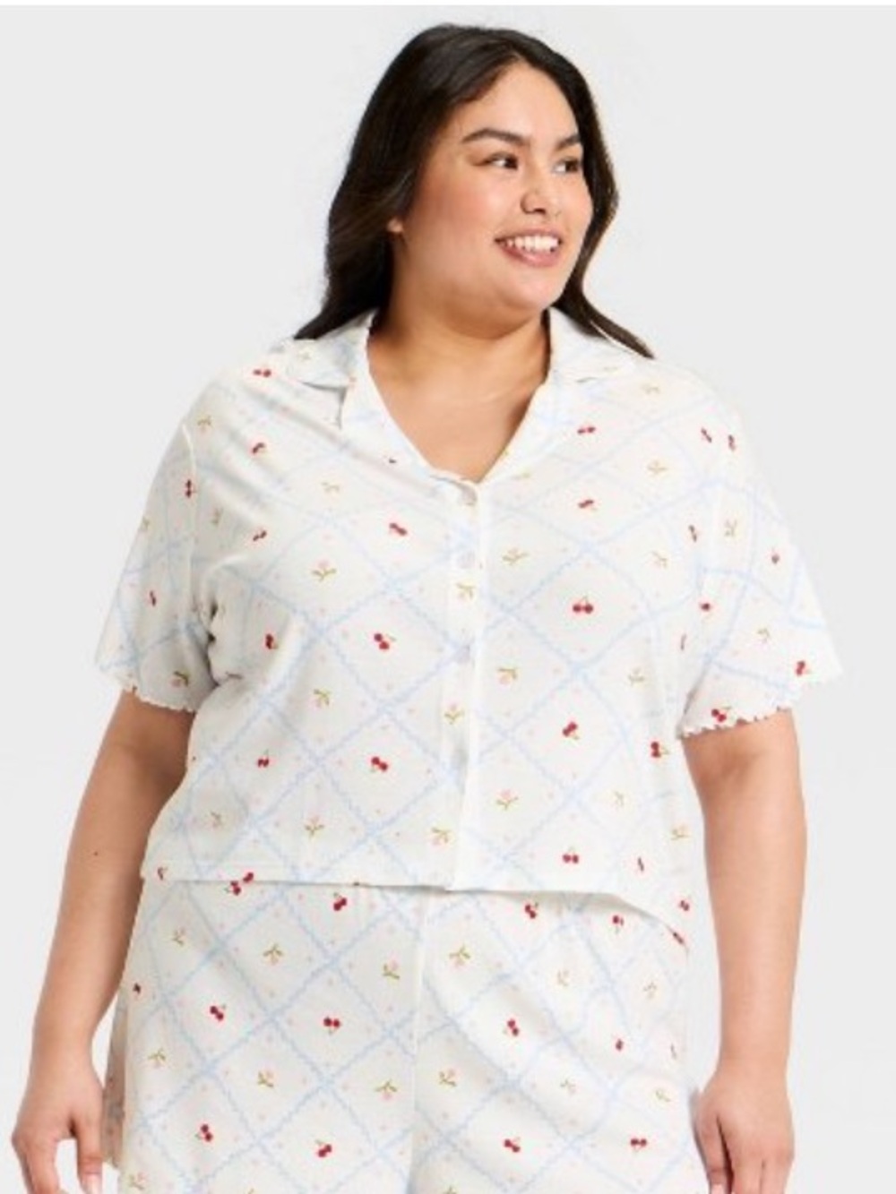 WILD FABLE White Pajama Top with Blue Argyle and Tiny Red Floral Print - Picture 4 of 5